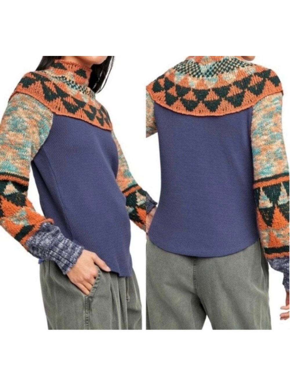 Free People Swit The Small Stuff Mock Neck Top Navy fair isle Combo woman’s XL